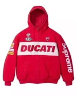 Unisex Red TLJ Supreme Ducati Hooded Biker Handmade Jacket Denim Racing Jacket