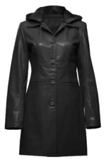 Women’s Black Lambskin Leather Hooded Biker Trench Coat – Genuine Leather Jacket