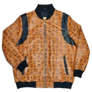 MCM Men’s Brown Leather Biker Jacket – Premium Quality Laser Printed Coat