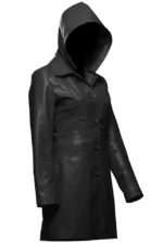 Women’s Black Lambskin Leather Hooded Biker Trench Coat – Genuine Leather Jacket - Image 2