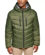 Men's Olive Green Chevron Patterned Hooded Puffer Jacket
