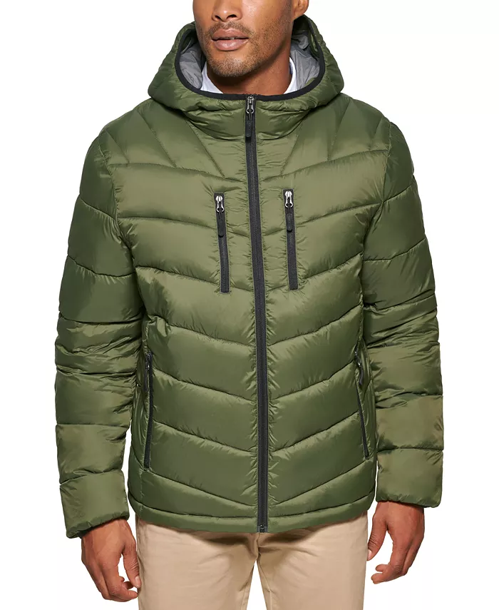 22394574_fpx.webp Men's Olive Green Chevron Patterned Hooded Puffer Jacket - Image 1