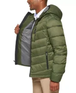 Men's Olive Green Chevron Patterned Hooded Puffer Jacket - Image 3