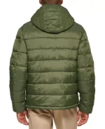 Men's Olive Green Chevron Patterned Hooded Puffer Jacket - Image 2
