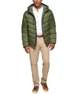 Men's Olive Green Chevron Patterned Hooded Puffer Jacket - Image 4