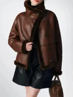 Women’s Brown Shearling Leather Jacket – Real Sheepskin Aviator Bomber Flight Coat - Image 2