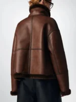 Women’s Brown Shearling Leather Jacket – Real Sheepskin Aviator Bomber Flight Coat - Image 3