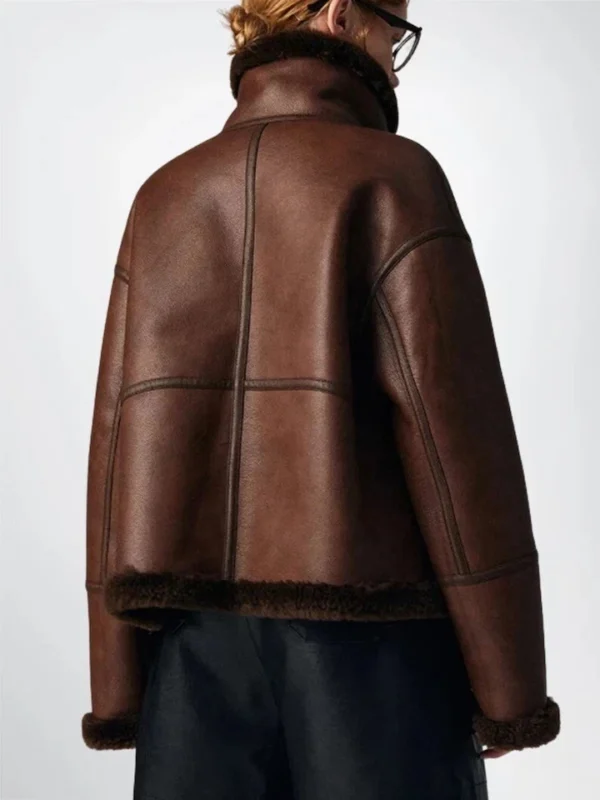 Women’s Brown Shearling Leather Jacket – Real Sheepskin Aviator Bomber Flight Coat - Image 3