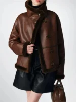 Women’s Brown Shearling Leather Jacket – Real Sheepskin Aviator Bomber Flight Coat - Image 4
