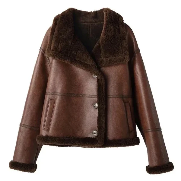 Women’s Brown Shearling Leather Jacket – Real Sheepskin Aviator Bomber Flight Coat - Image 1