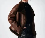 Women’s Brown Shearling Leather Jacket – Real Sheepskin Aviator Bomber Flight Coat - Image 5