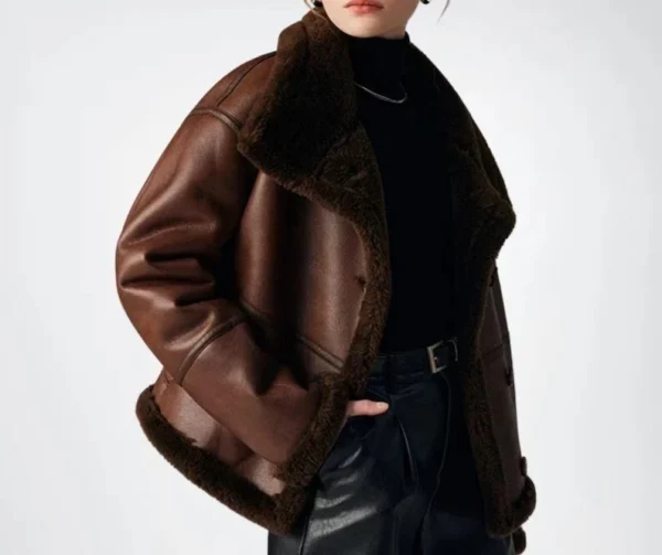 Women’s Brown Shearling Leather Jacket – Real Sheepskin Aviator Bomber Flight Coat - Image 5