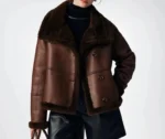 Women’s Brown Shearling Leather Jacket – Real Sheepskin Aviator Bomber Flight Coat - Image 6