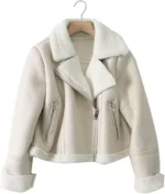 Women’s White Aviator Bomber Shearling Jacket – Real Sheepskin Flying Coat