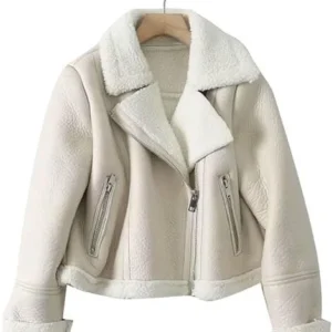 Women’s White Aviator Bomber Shearling Jacket – Real Sheepskin Flying Coat