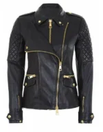 Women’s Black Lambskin Leather Motorcycle Jacket – Gold Zipper Stylish Biker