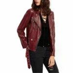 Women’s Burgundy Lambskin Motorcycle Leather Jacket – Slim Fit Genuine Biker