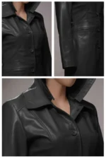 Women’s Black Lambskin Leather Hooded Biker Trench Coat – Genuine Leather Jacket - Image 5