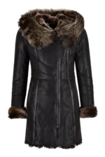 Women’s Toscana Black Long Hooded Sheepskin Shearling Winter Coat