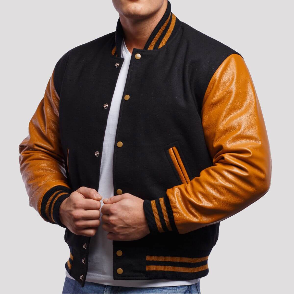 Black-Wool-Gold-Varsity-Letterman-Jacket1.jpg Premium Black Wool and Gold Leather Varsity Jacket - Image 1