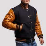Premium Black Wool and Gold Leather Varsity Jacket - Image 2