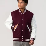 Maroon Wool Body &  White Leather Sleeves Varsity Jacket - Image 2