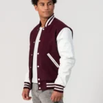 Maroon Wool Body &  White Leather Sleeves Varsity Jacket - Image 3