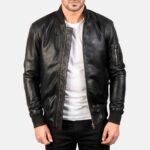 Bomia Jet Black Leather Aviator Bomber Jacket