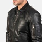 Bomia Jet Black Leather Aviator Bomber Jacket - Image 5