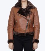 Warm Women’s Asymmetrical Cognac Leather Aviator Jacket with Shearling Lining