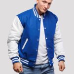 Azure Wool & Ivory Genuine Leather Varsity Jacket