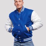 Azure Wool & Ivory Genuine Leather Varsity Jacket - Image 2
