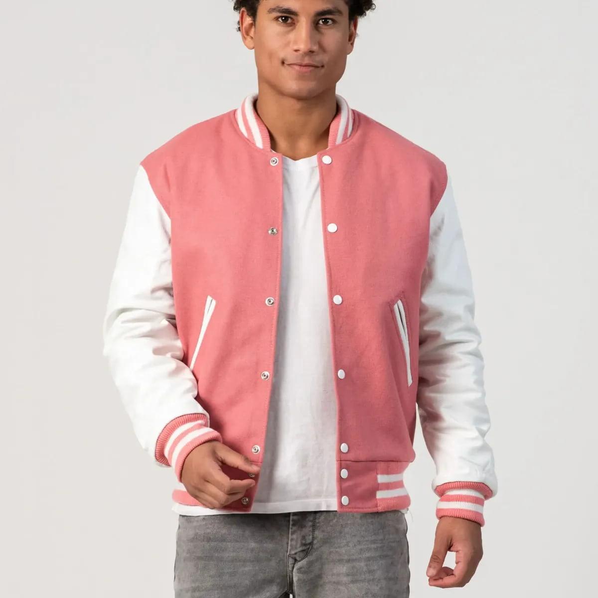 blush-wool-radiant-white-varsity-jacket1.jpg Blush Wool body & Radiant White Leather Sleeves Varsity Jacket - Image 1