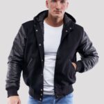 Ebony Knit Body & Noir Leather Sleeve Hooded Varsity Jacket