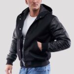 Ebony Knit Body & Noir Leather Sleeve Hooded Varsity Jacket - Image 2