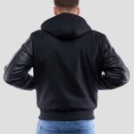 Ebony Knit Body & Noir Leather Sleeve Hooded Varsity Jacket - Image 3