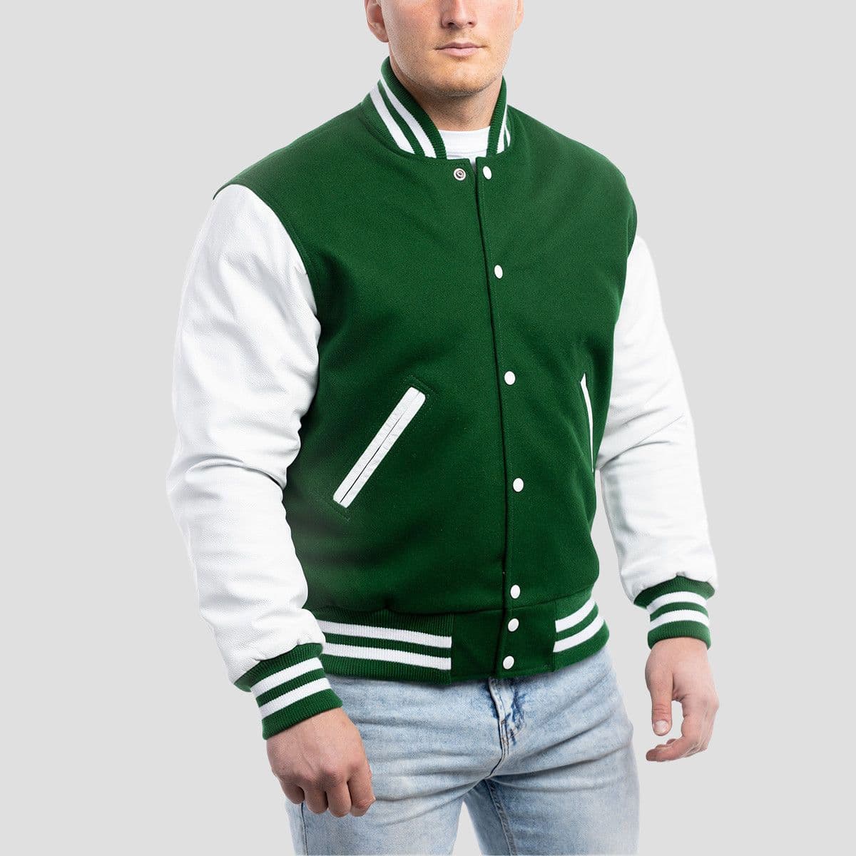 emerald-wool-crisp-white-varsity-jacket1.jpg Emerald Wool Body & Crisp White Leather Sleeves Varsity Jacket - Image 1