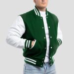 Emerald Wool Body & Crisp White Leather Sleeves Varsity Jacket - Image 2