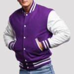 Lavender wool body & Pure white Leather Sleeves Varsity Jacket