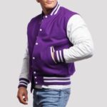 Lavender wool body & Pure white Leather Sleeves Varsity Jacket - Image 2