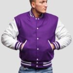 Lavender wool body & Pure white Leather Sleeves Varsity Jacket - Image 3