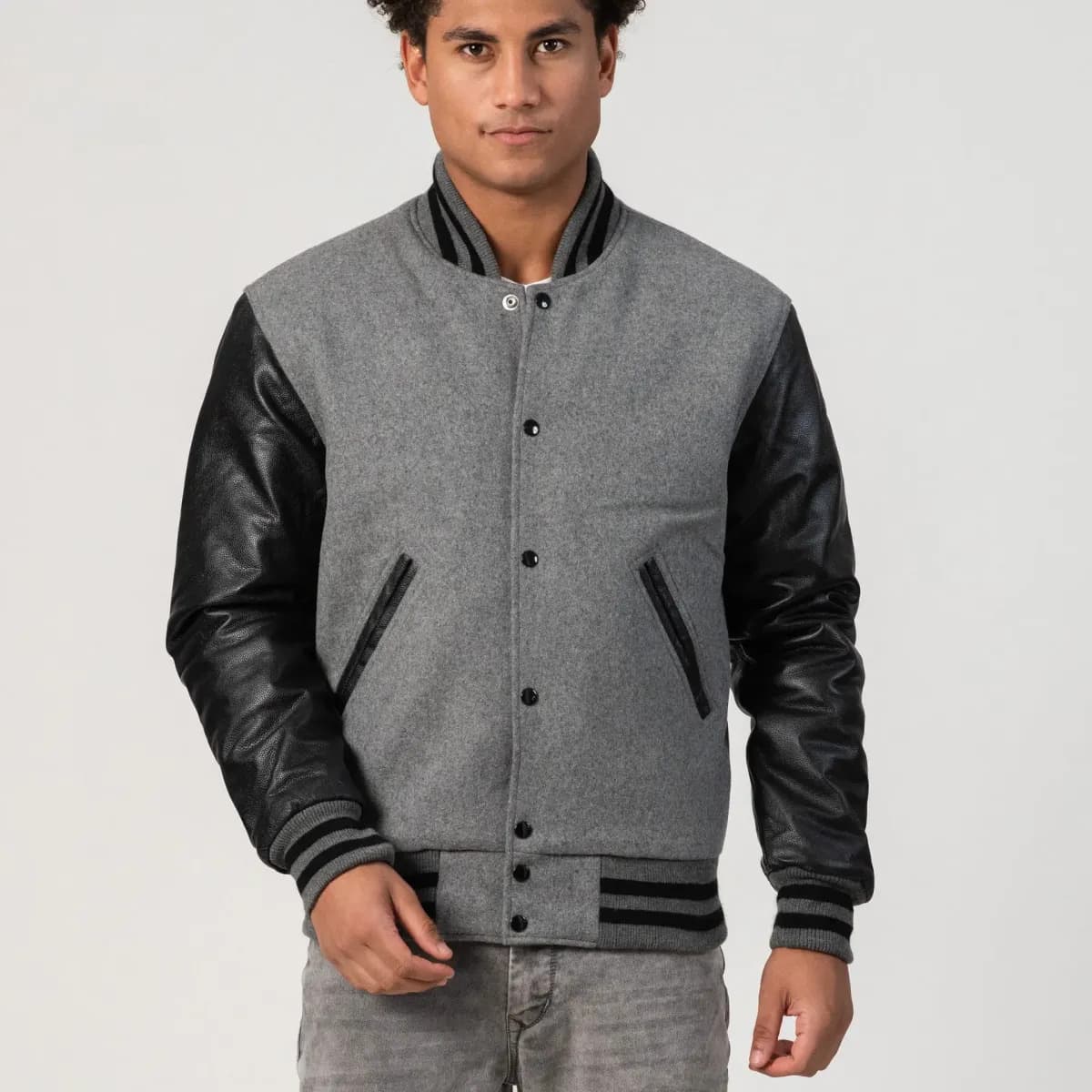 soft-grey-wool-onyx-varsity-jacket1-1.jpg Soft Grey Wool Body & Onyx Leather Sleeves Varsity Jacket - Image 1