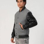 Soft Grey Wool Body & Onyx Leather Sleeves Varsity Jacket - Image 2