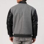 Soft Grey Wool Body & Onyx Leather Sleeves Varsity Jacket - Image 3