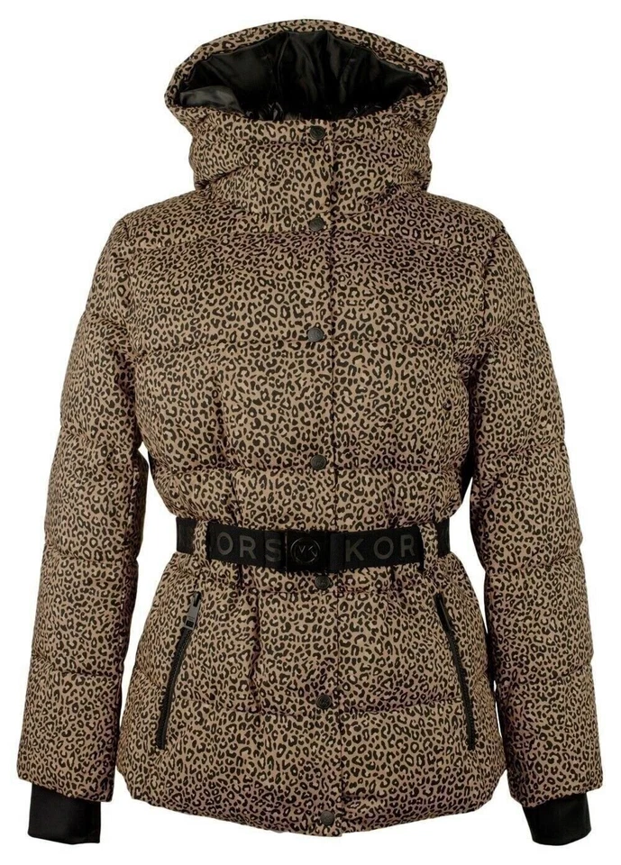 1 Michael Kors Women’s Hooded Leopard Print Puffer Coat with Belt - Image 1
