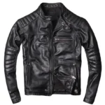 Men’s Genuine Sheepskin Leather Cafe Racer Motorcycle Biker Jacket – Black