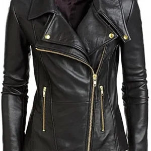 Women’s Real Leather Motorcycle Biker Jacket – Black Fashion Outerwear