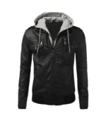Men’s Black Leather Hooded Jacket – Stylish, Warm & Casual Outerwear