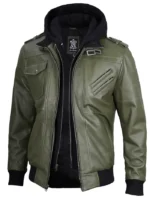 Men’s Military Green Leather Jacket with Removable Hood – Stylish & Versatile