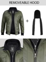 Men’s Military Green Leather Jacket with Removable Hood – Stylish & Versatile - Image 2